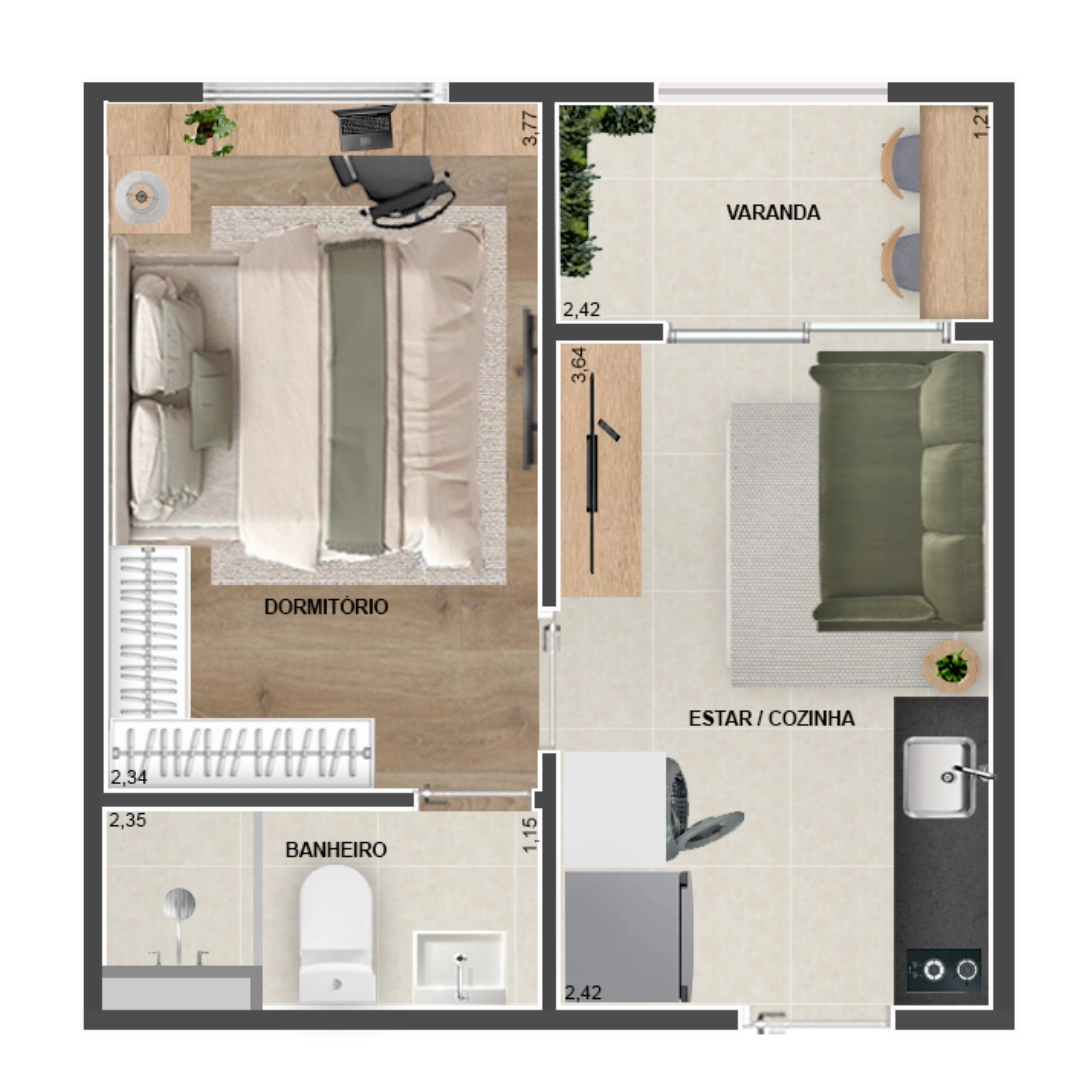 TIPO - C - 26M² - 1 DORMS - COM SUITE